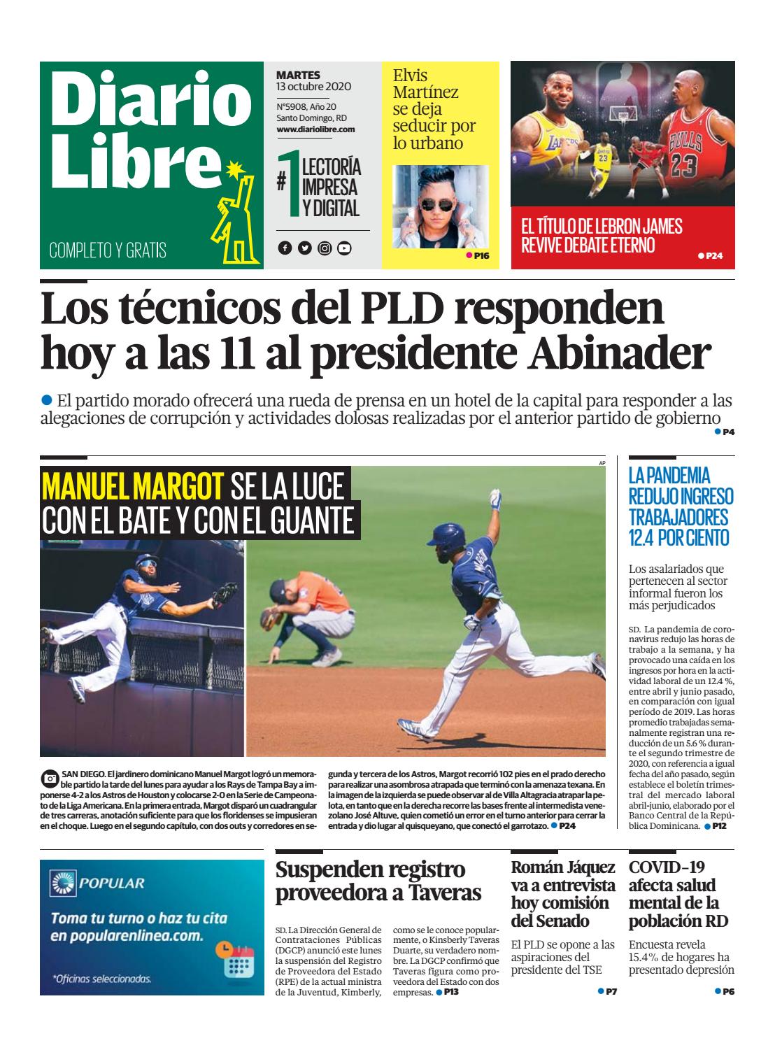 Portada Periódico Diario Libre, Martes 13 de Octubre, 2020