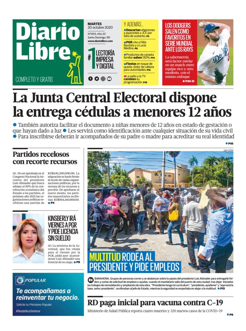 Portada Periódico Diario Libre, Martes 20 de Octubre, 2020