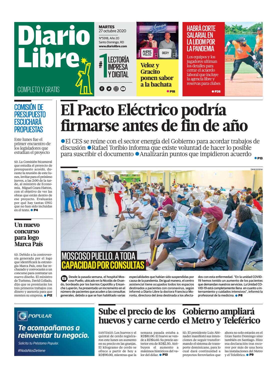 Portada Periódico Diario Libre, Martes 27 de Octubre, 2020
