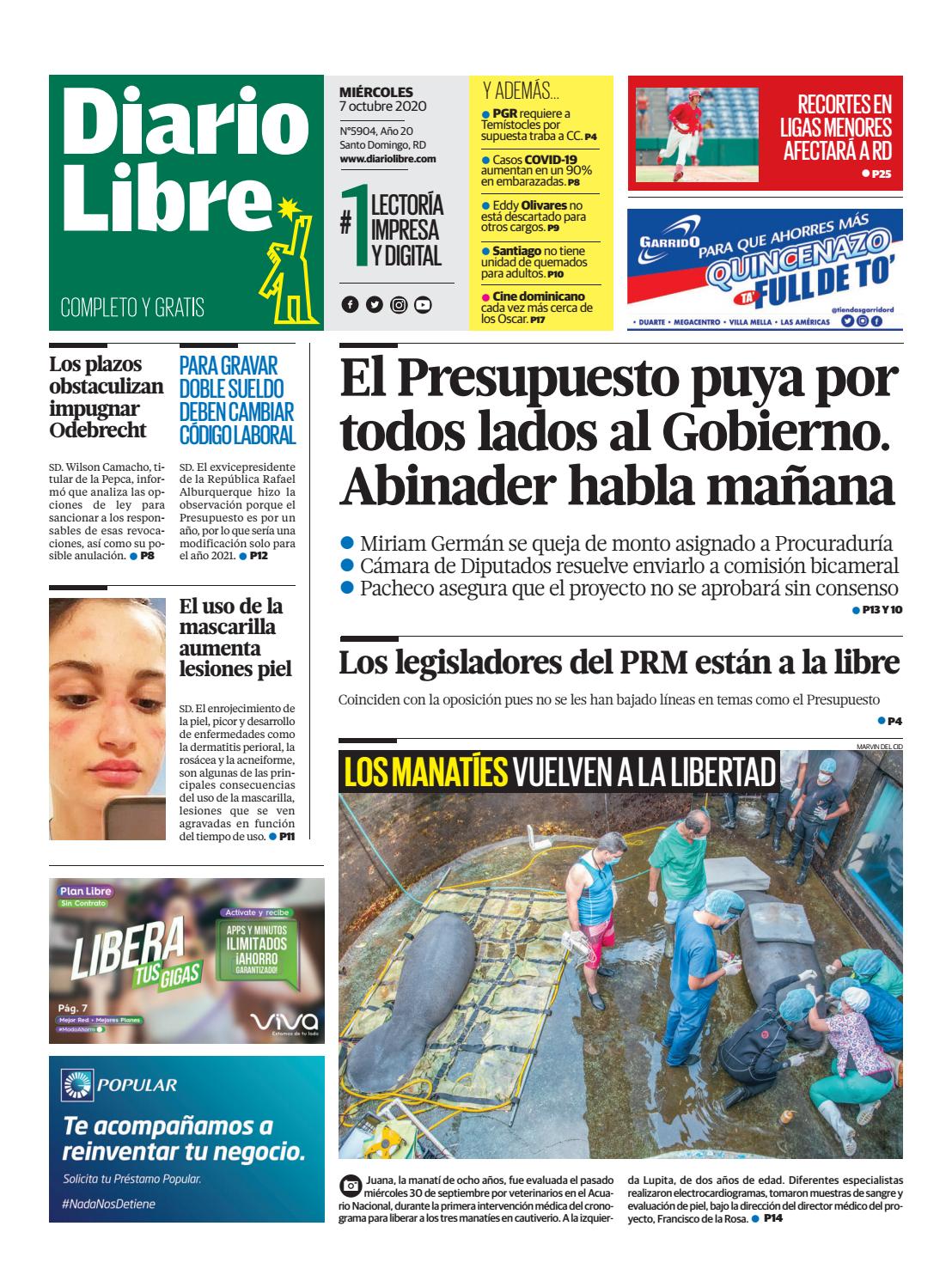 Portada Periódico Diario Libre, Miércoles 07 de Octubre, 2020