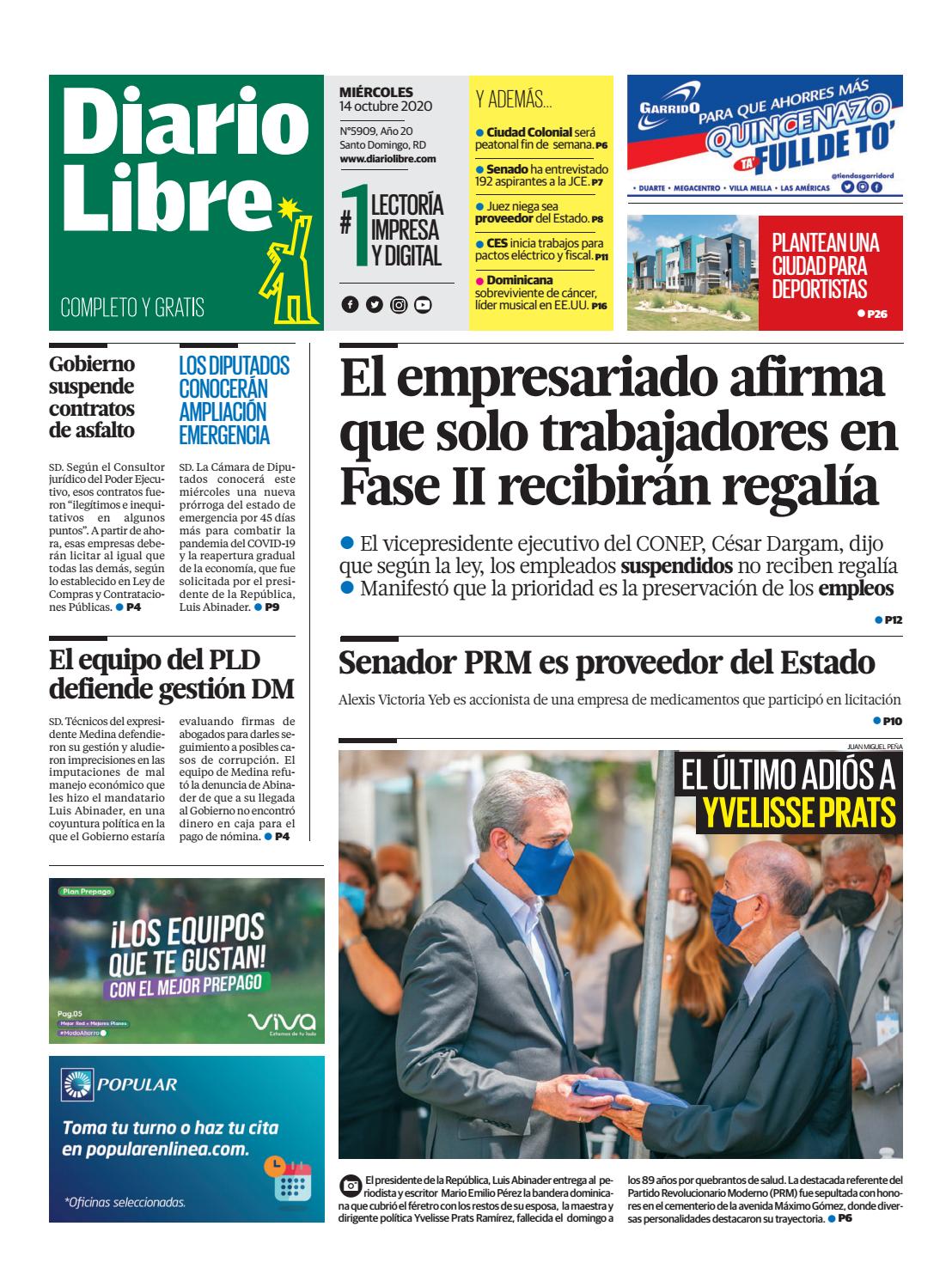 Portada Periódico Diario Libre, Miércoles 14 de Octubre, 2020