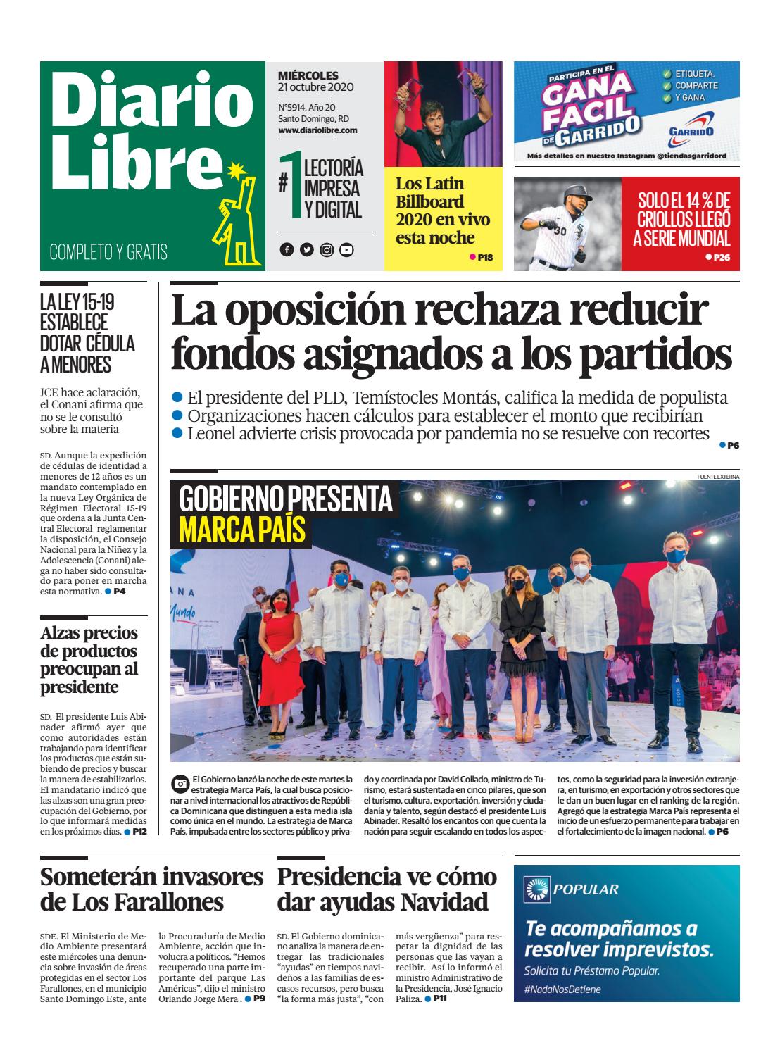 Portada Periódico Diario Libre, Miércoles 21 de Octubre, 2020
