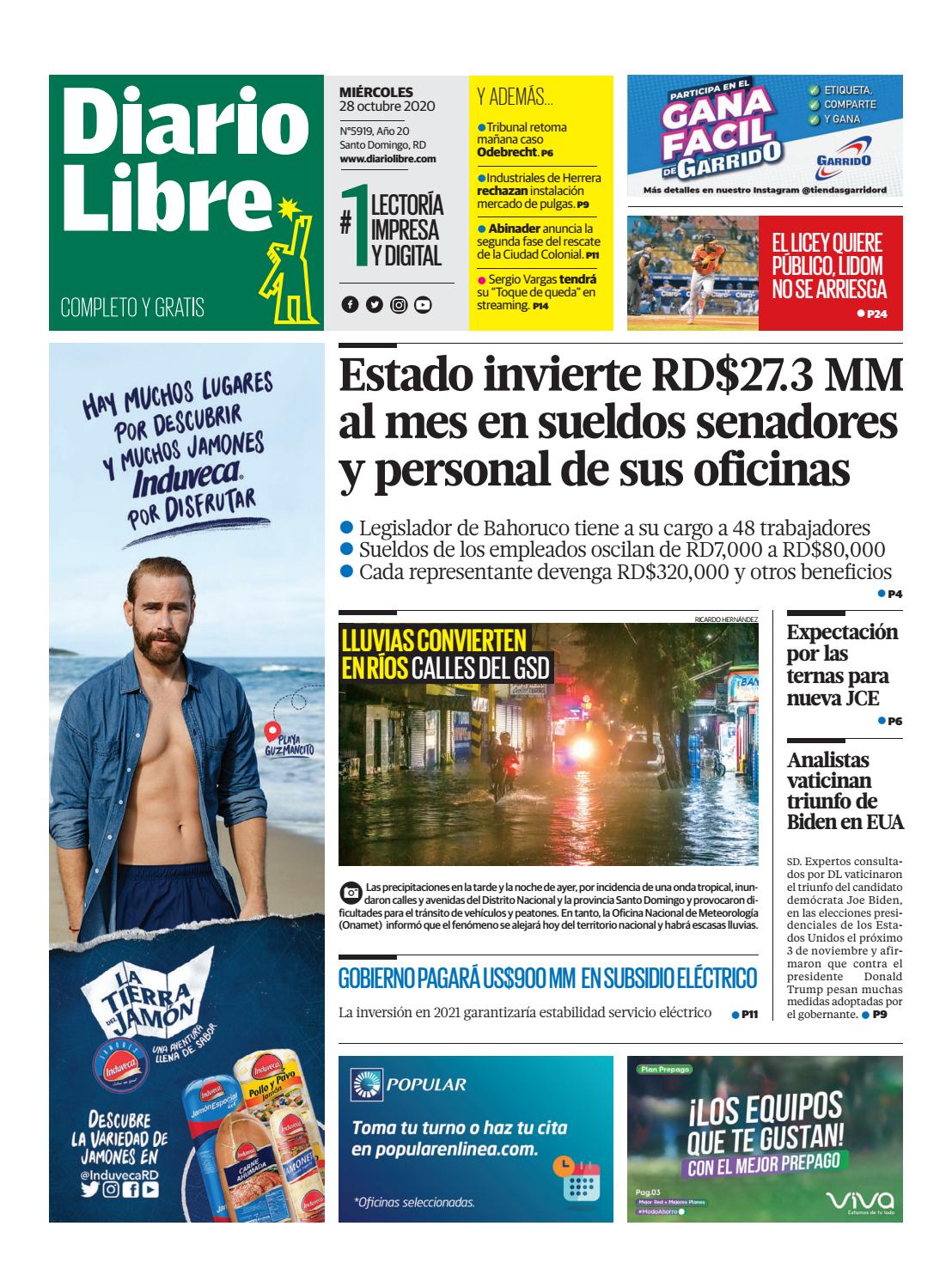 Portada Periódico Diario Libre, Miércoles 28 de Octubre, 2020