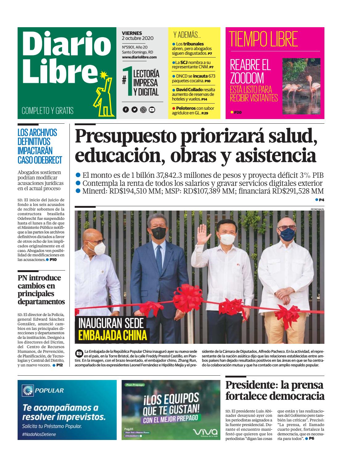 Portada Periódico Diario Libre, Viernes 02 de Octubre, 2020