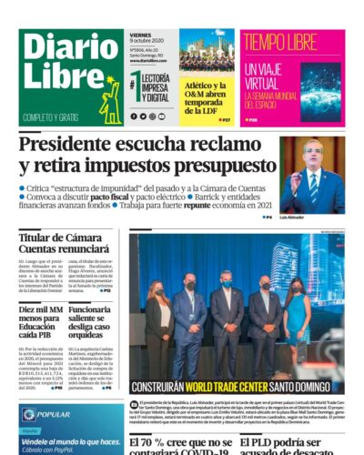 Portada Periódico Diario Libre, Viernes 09 de Octubre, 2020