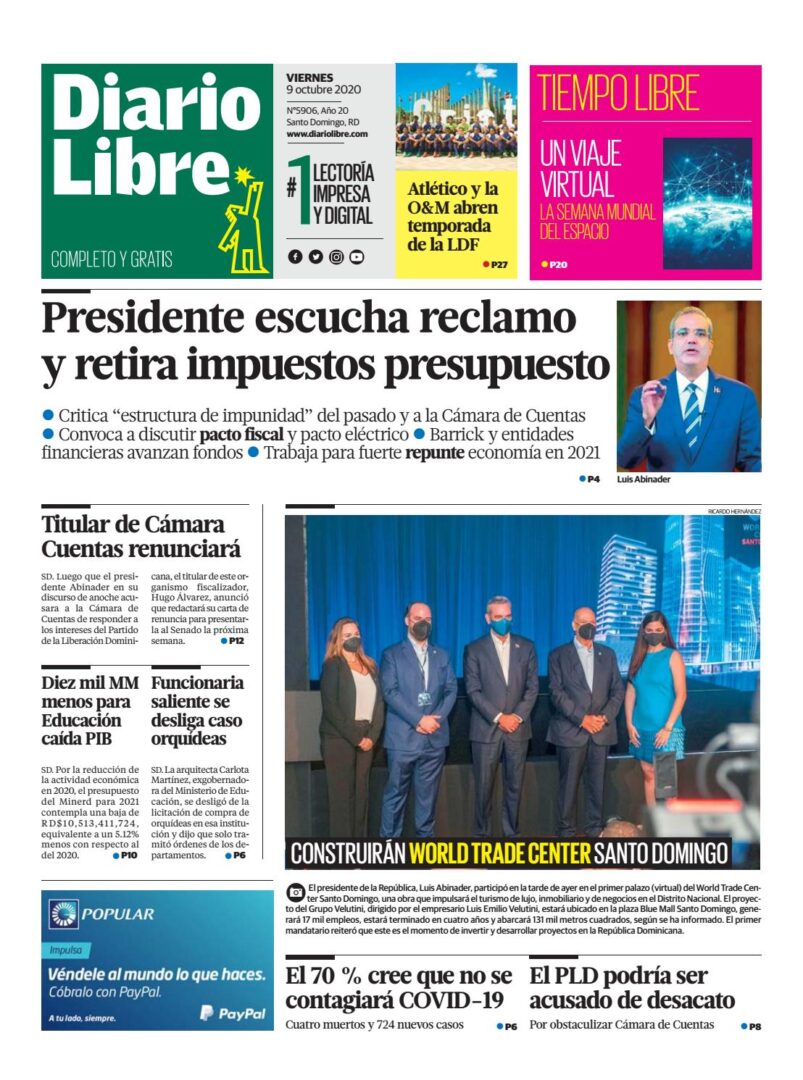 Portada Periódico Diario Libre, Viernes 09 de Octubre, 2020