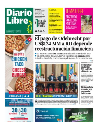 Portada Periódico Diario Libre, Viernes 16 de Octubre, 2020