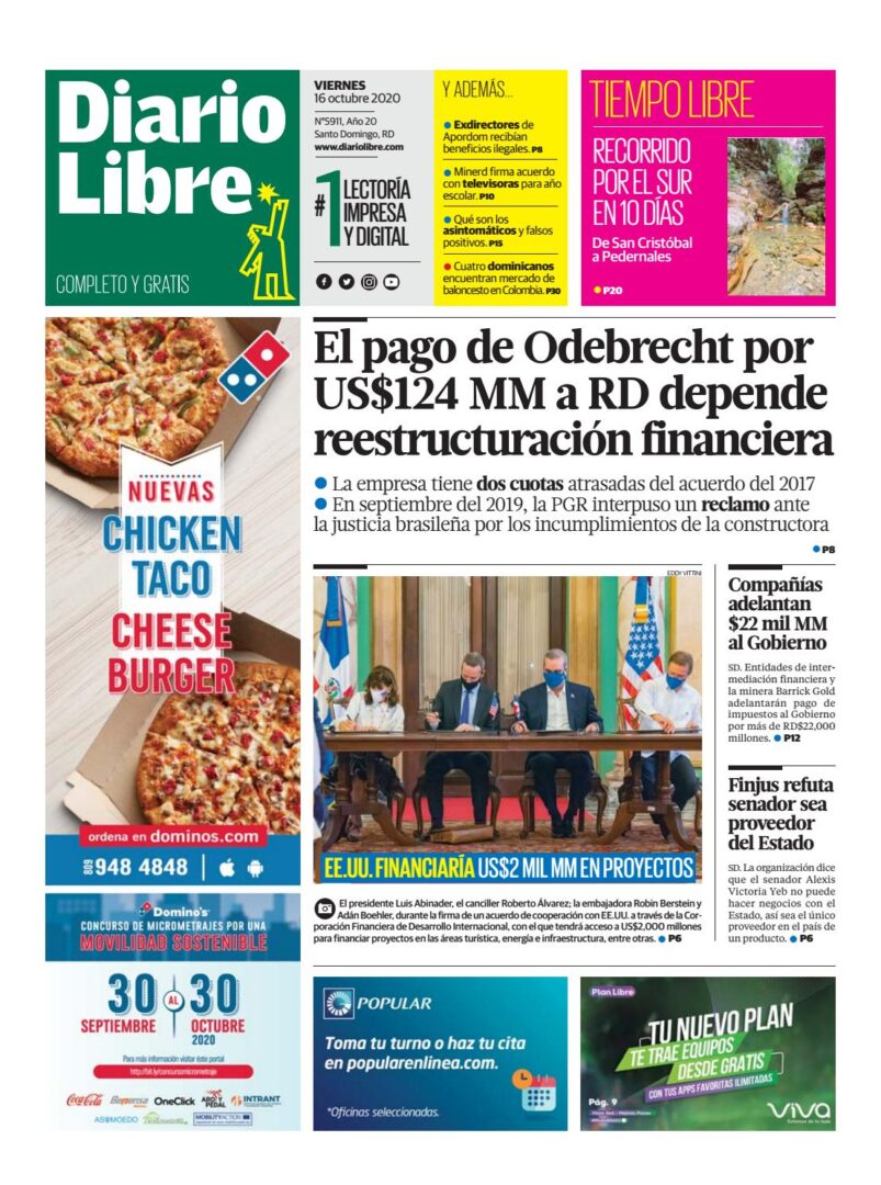 Portada Periódico Diario Libre, Viernes 16 de Octubre, 2020