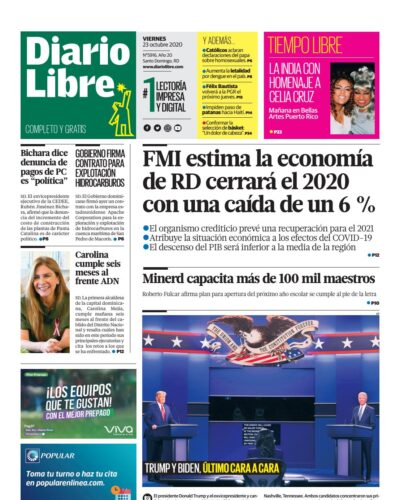 Portada Periódico Diario Libre, Viernes 23 de Octubre, 2020