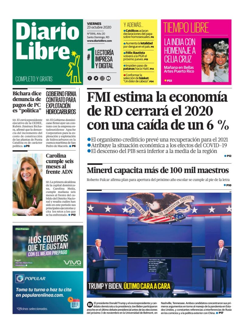 Portada Periódico Diario Libre, Viernes 23 de Octubre, 2020