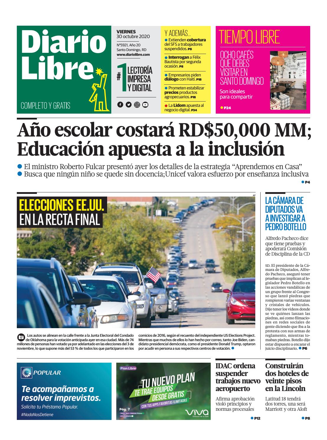 Portada Periódico Diario Libre, Viernes 30 de Octubre, 2020