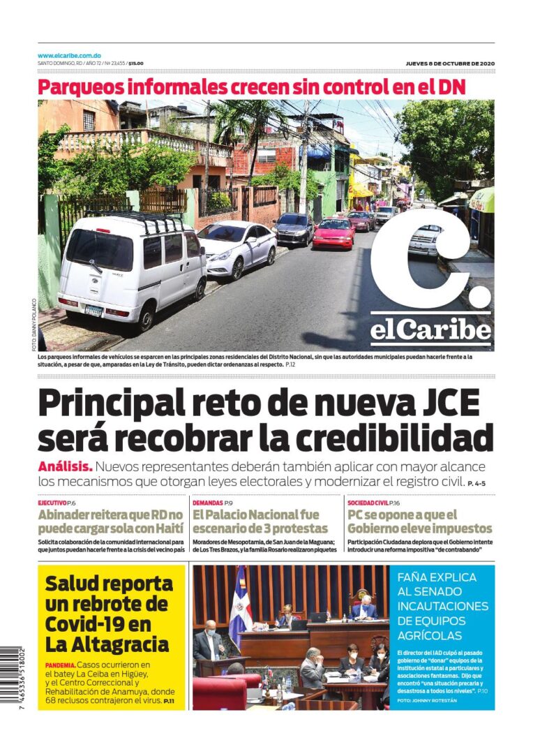 Portada Periódico El Caribe, Jueves 08 de Octubre, 2020