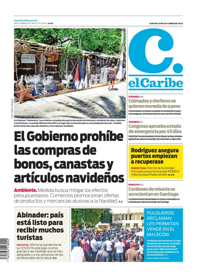 Portada Periódico El Caribe, Jueves 15 de Octubre, 2020