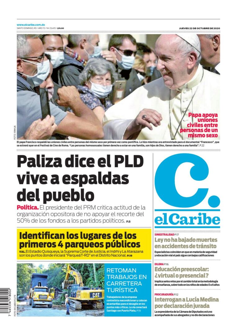 Portada Periódico El Caribe, Jueves 22 de Octubre, 2020