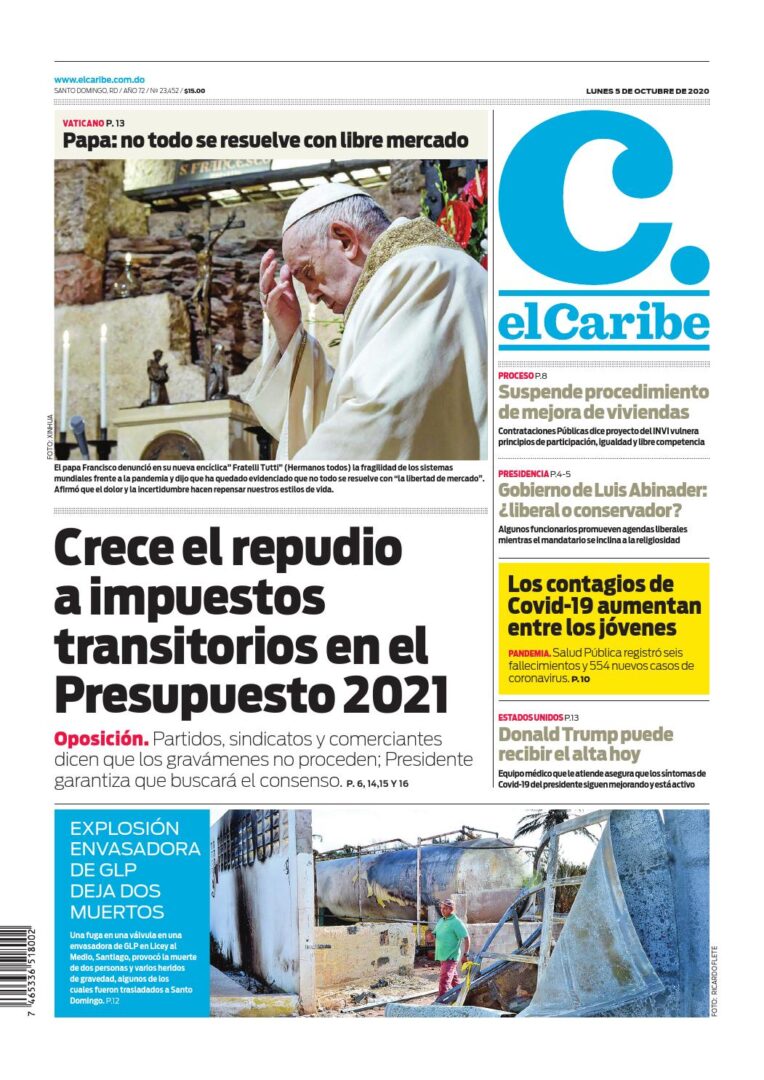 Portada Periódico El Caribe, Lunes 05 de Octubre, 2020