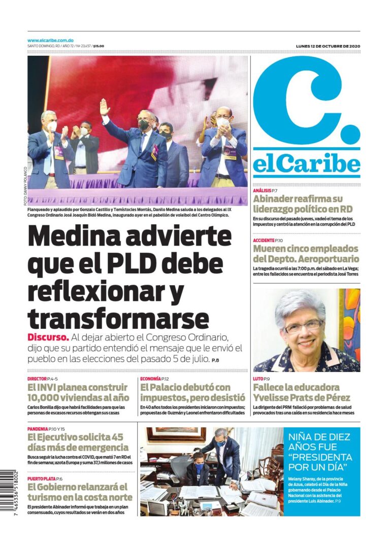 Portada Periódico El Caribe, Lunes 12 de Octubre, 2020