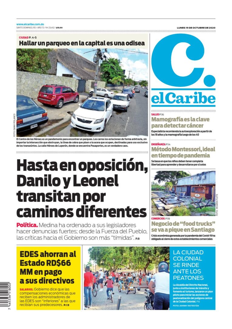 Portada Periódico El Caribe, Lunes 19 de Octubre, 2020
