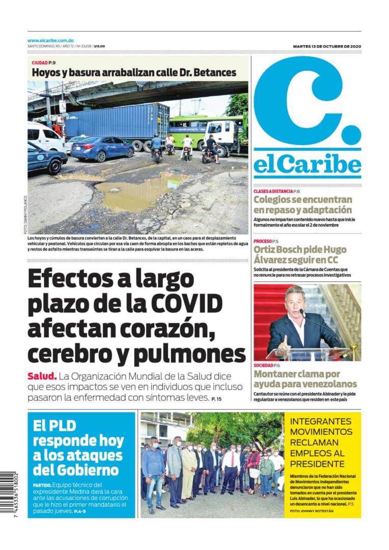 Portada Periódico El Caribe, Martes 13 de Octubre, 2020
