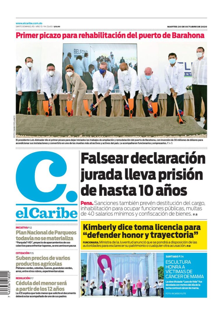 Portada Periódico El Caribe, Martes 20 de Octubre, 2020