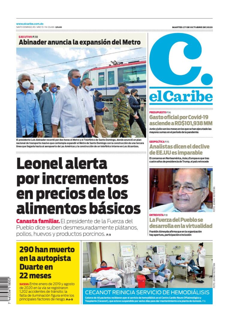 Portada Periódico El Caribe, Martes 27 de Octubre, 2020