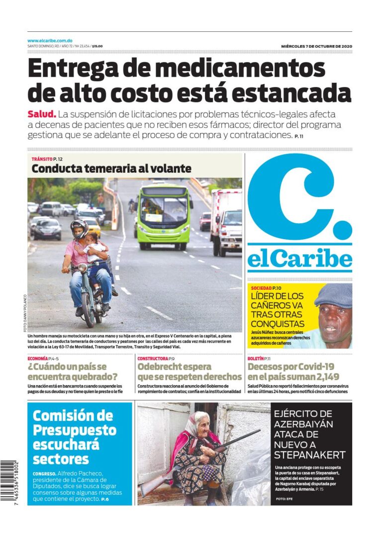 Portada Periódico El Caribe, Miércoles 07 de Octubre, 2020