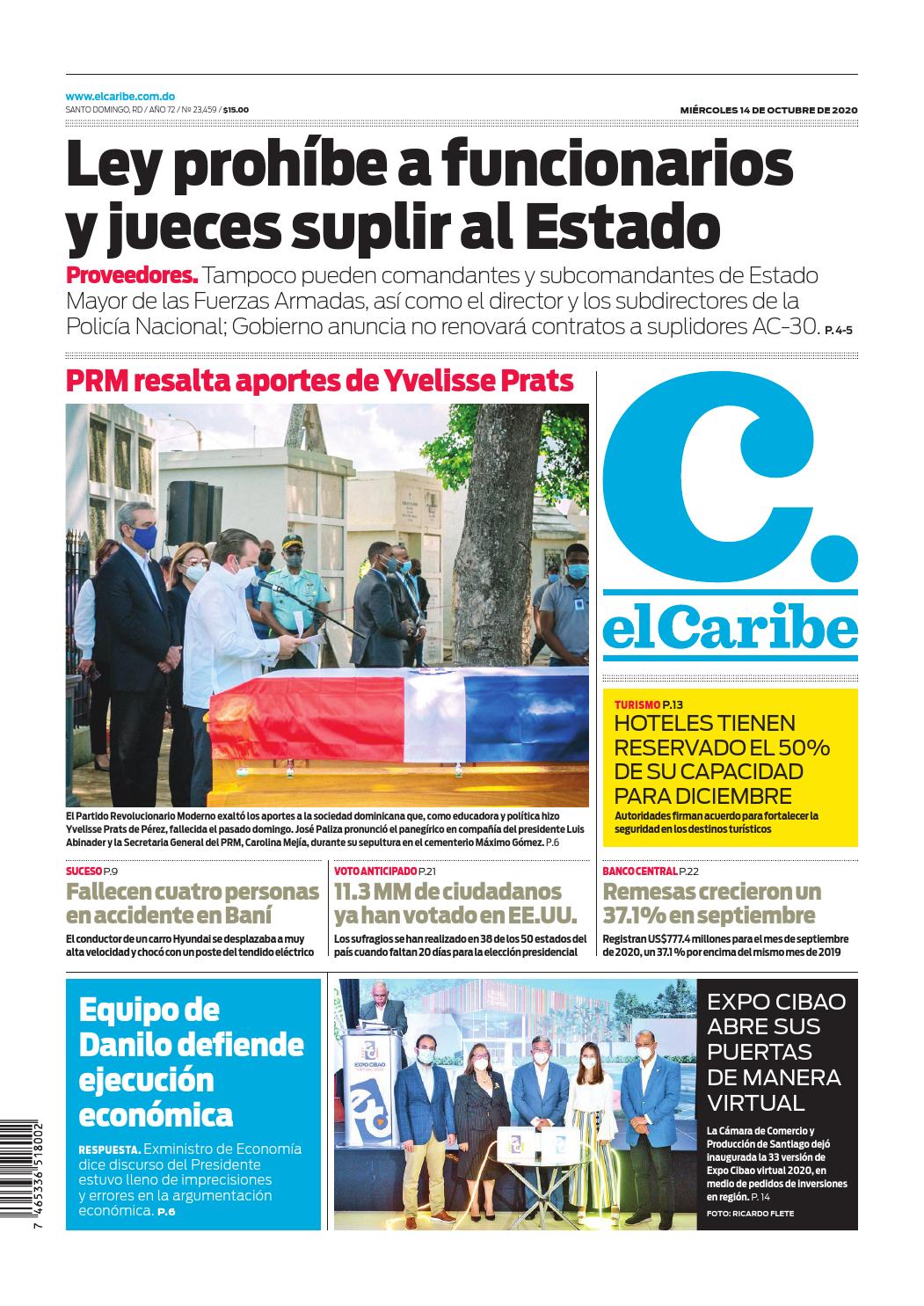 Portada Periódico El Caribe, Miércoles 14 de Octubre, 2020