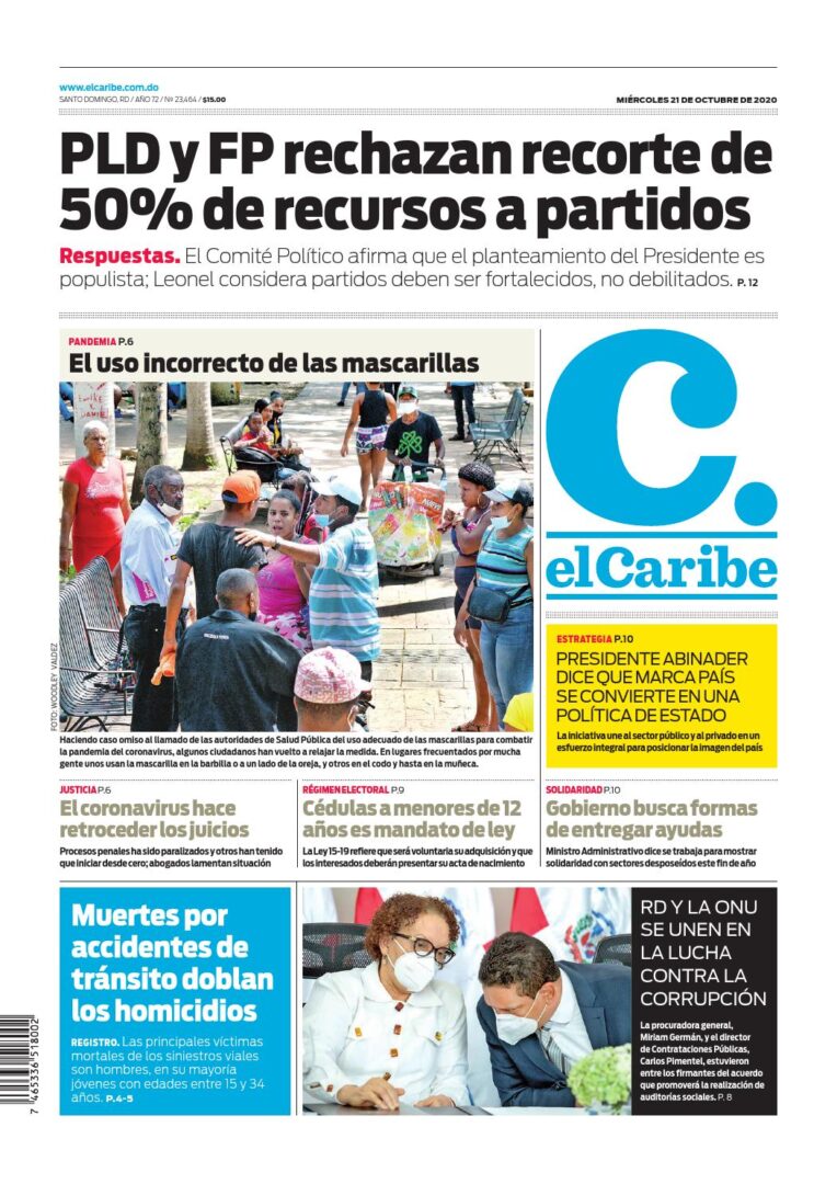 Portada Periódico El Caribe, Miércoles 21 de Octubre, 2020