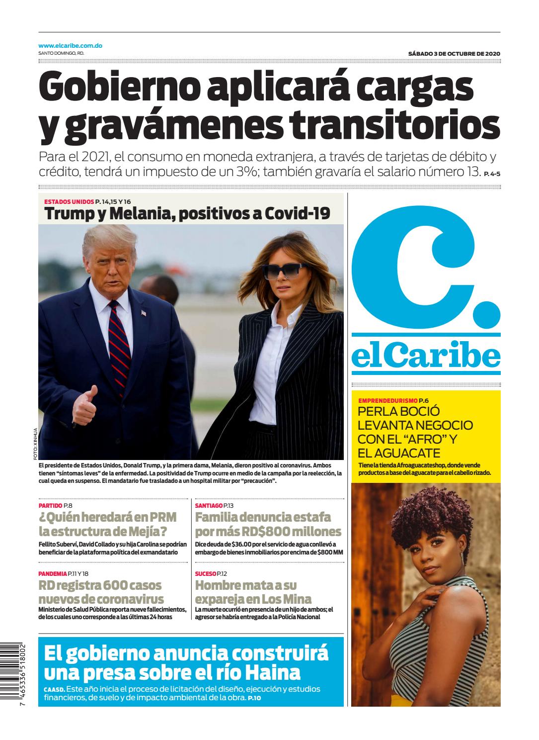 Portada Periódico El Caribe, Sábado 03 de Octubre, 2020