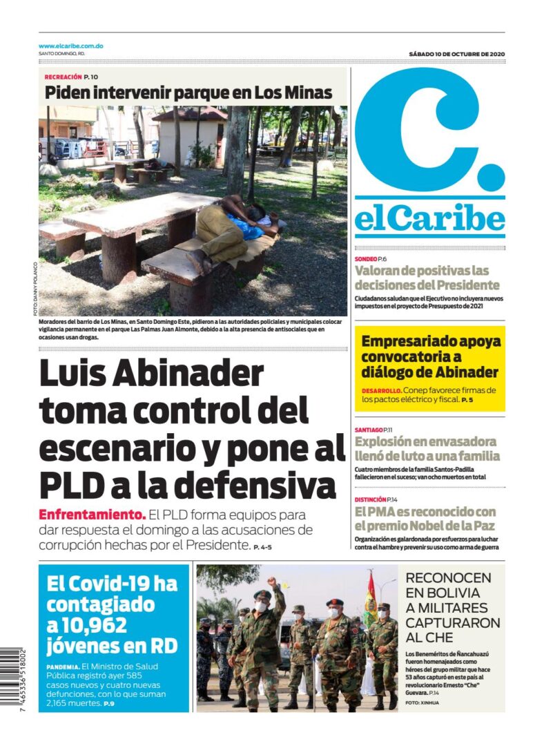 Portada Periódico El Caribe, Sábado 10 de Octubre, 2020