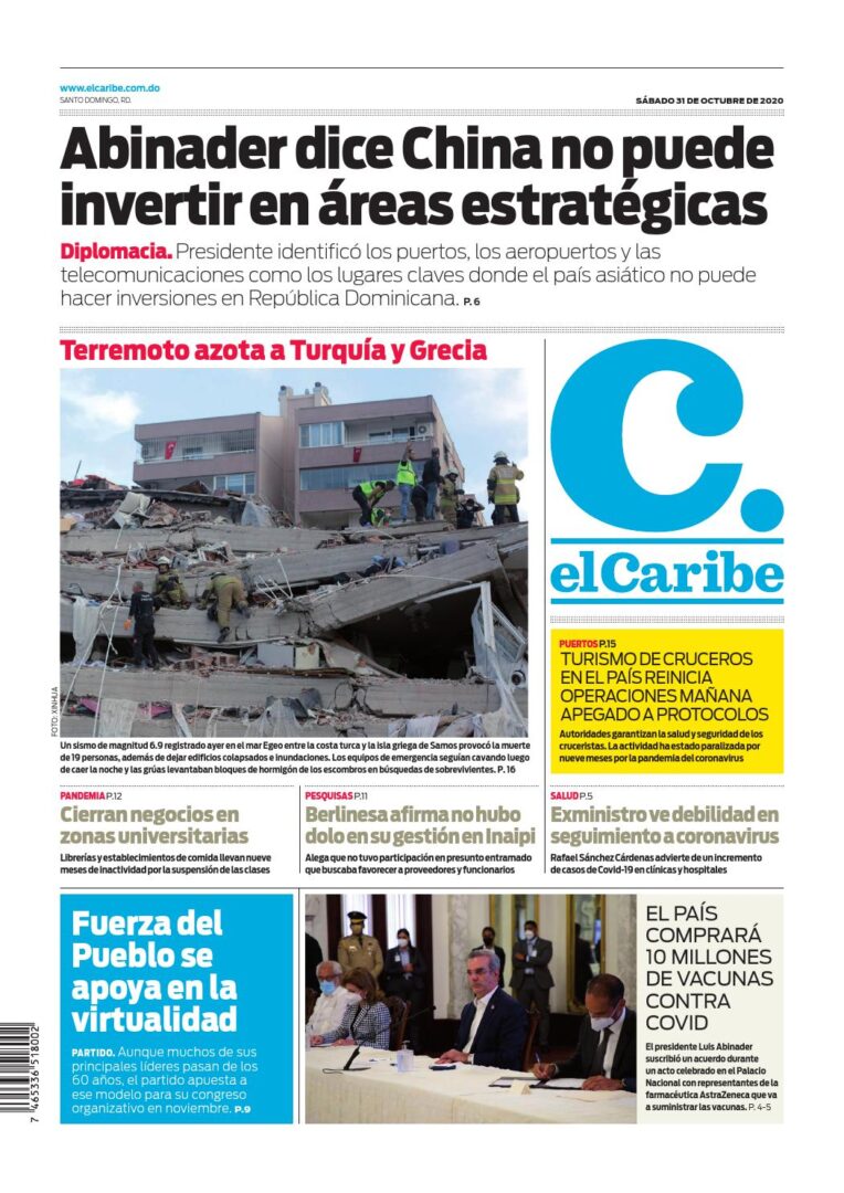 Portada Periódico El Caribe, Sábado 31 de Octubre, 2020