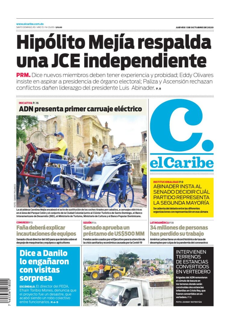 Portada Periódico El Caribe, Viernes 02 de Octubre, 2020