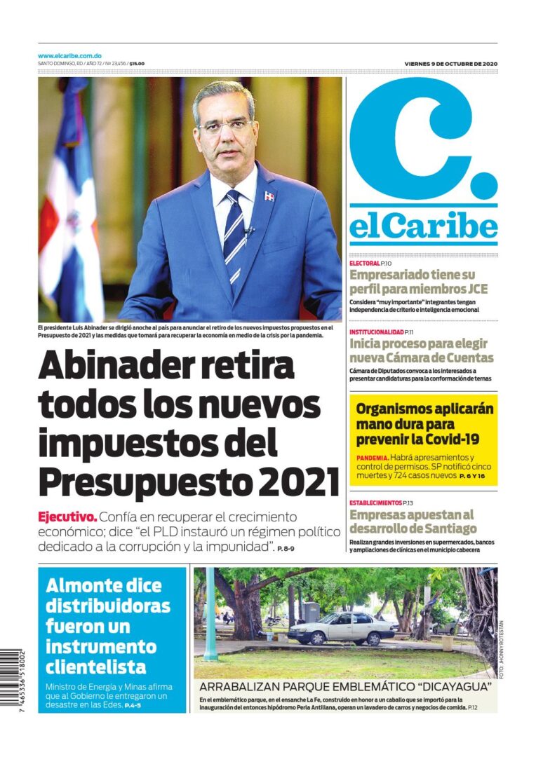 Portada Periódico El Caribe, Viernes 09 de Octubre, 2020