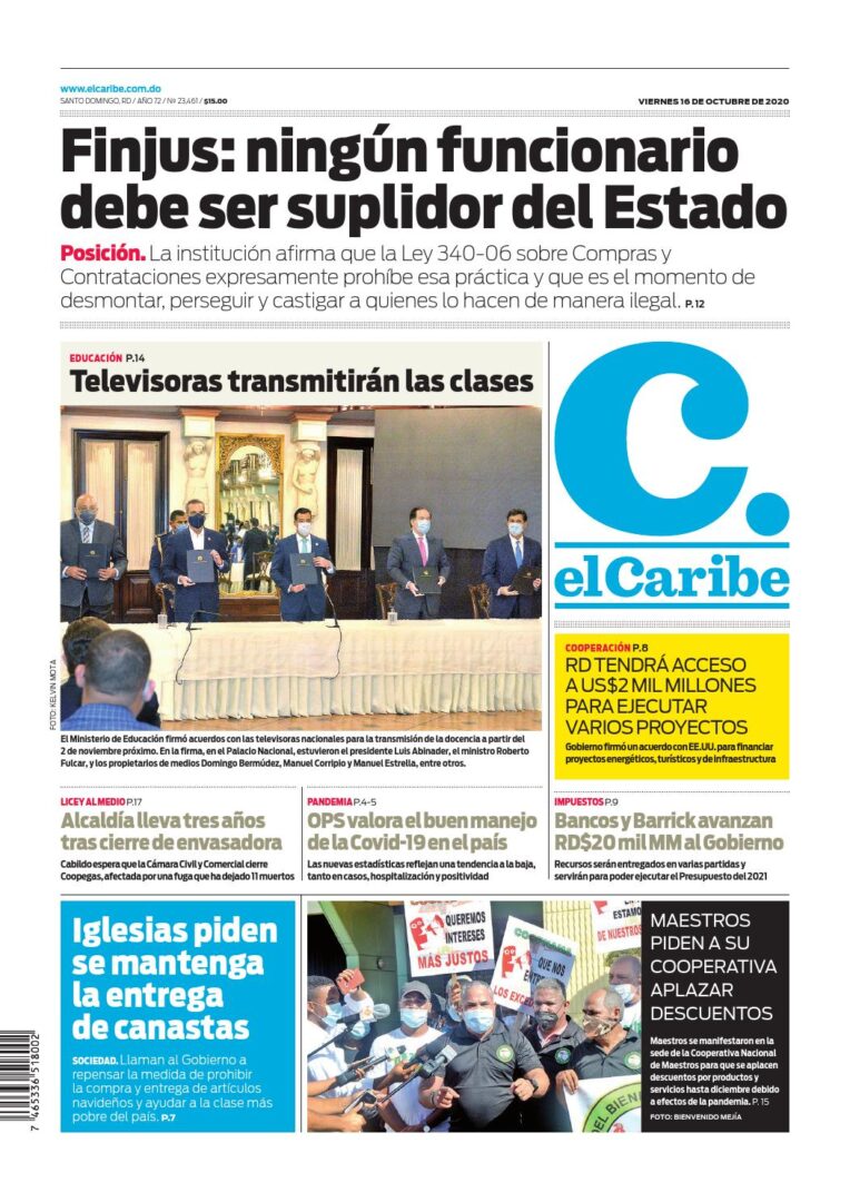 Portada Periódico El Caribe, Viernes 16 de Octubre, 2020