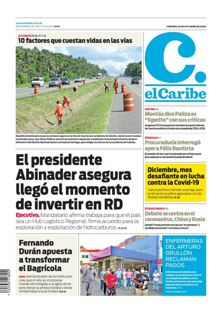Portada Periódico El Caribe, Viernes 23 de Octubre, 2020