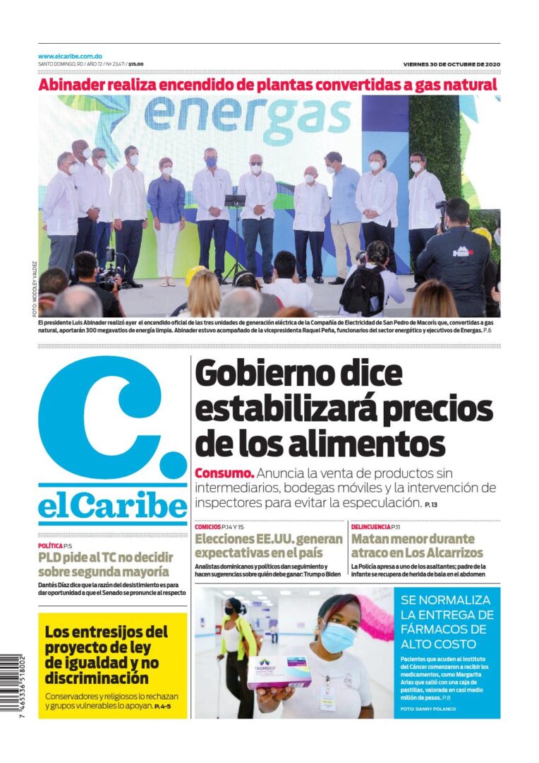 Portada Periódico El Caribe, Viernes 30 de Octubre, 2020