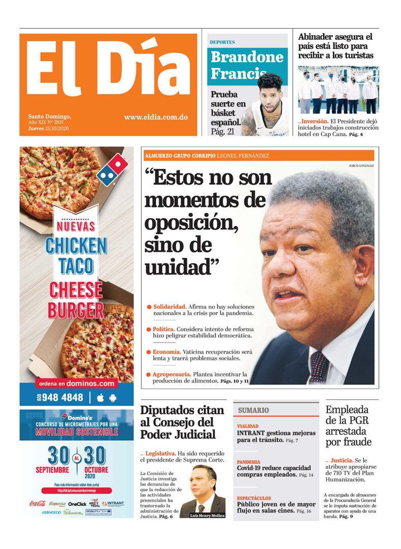 Portada Periódico El Día, Jueves 15 de Octubre, 2020
