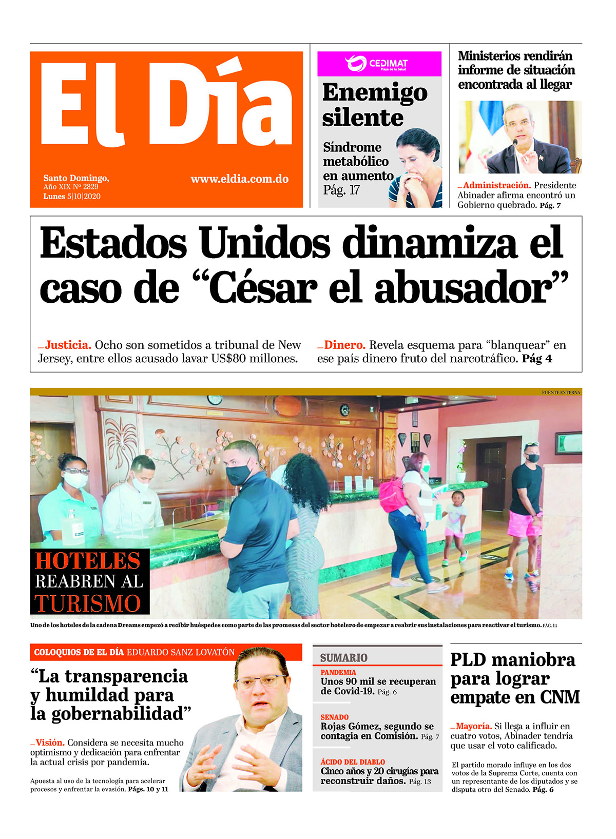 Portada Periódico El Día, Lunes 05 de Octubre, 2020