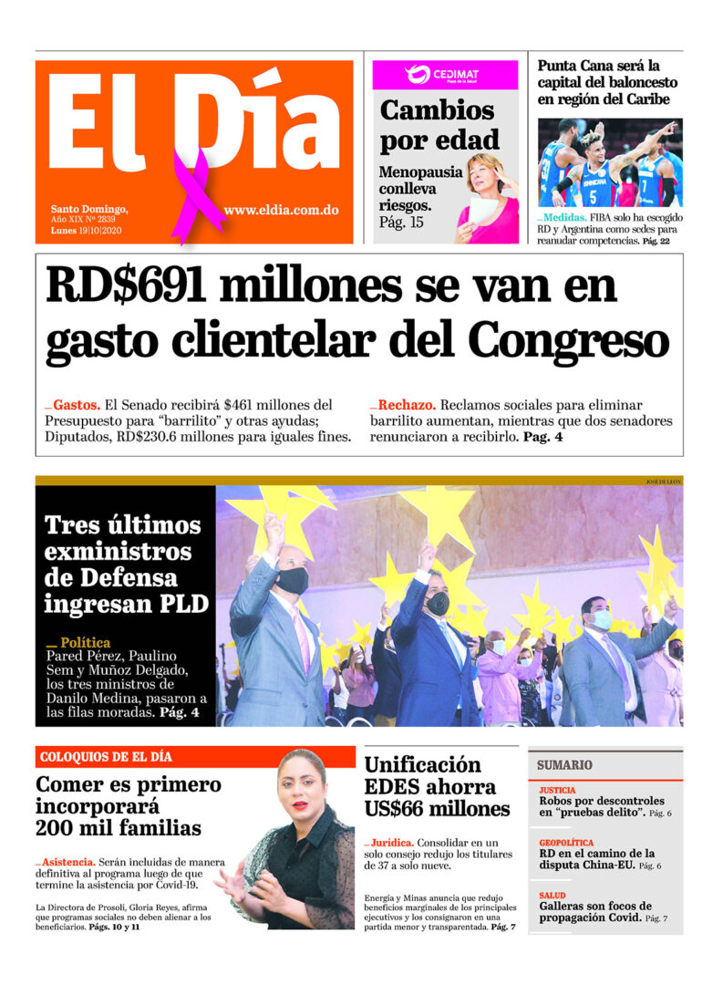 Portada Periódico El Día, Lunes 19 de Octubre, 2020