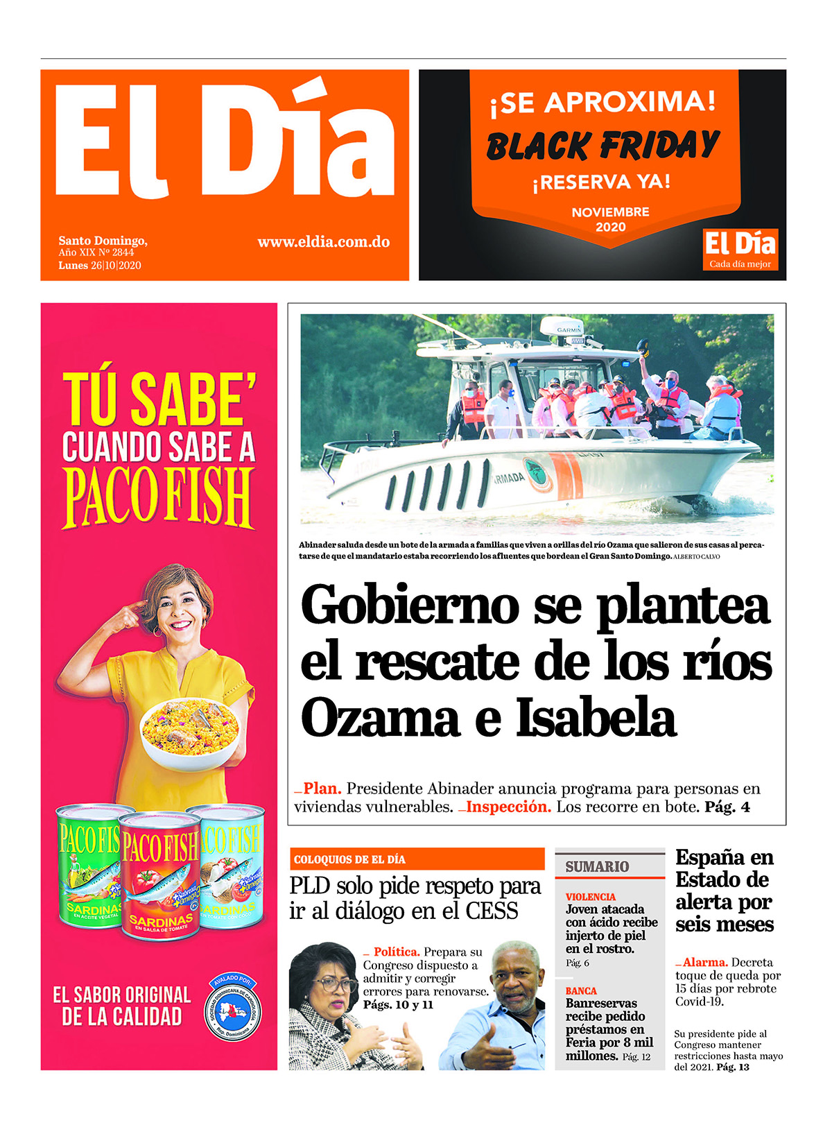 Portada Periódico El Día, Lunes 26 de Octubre, 2020