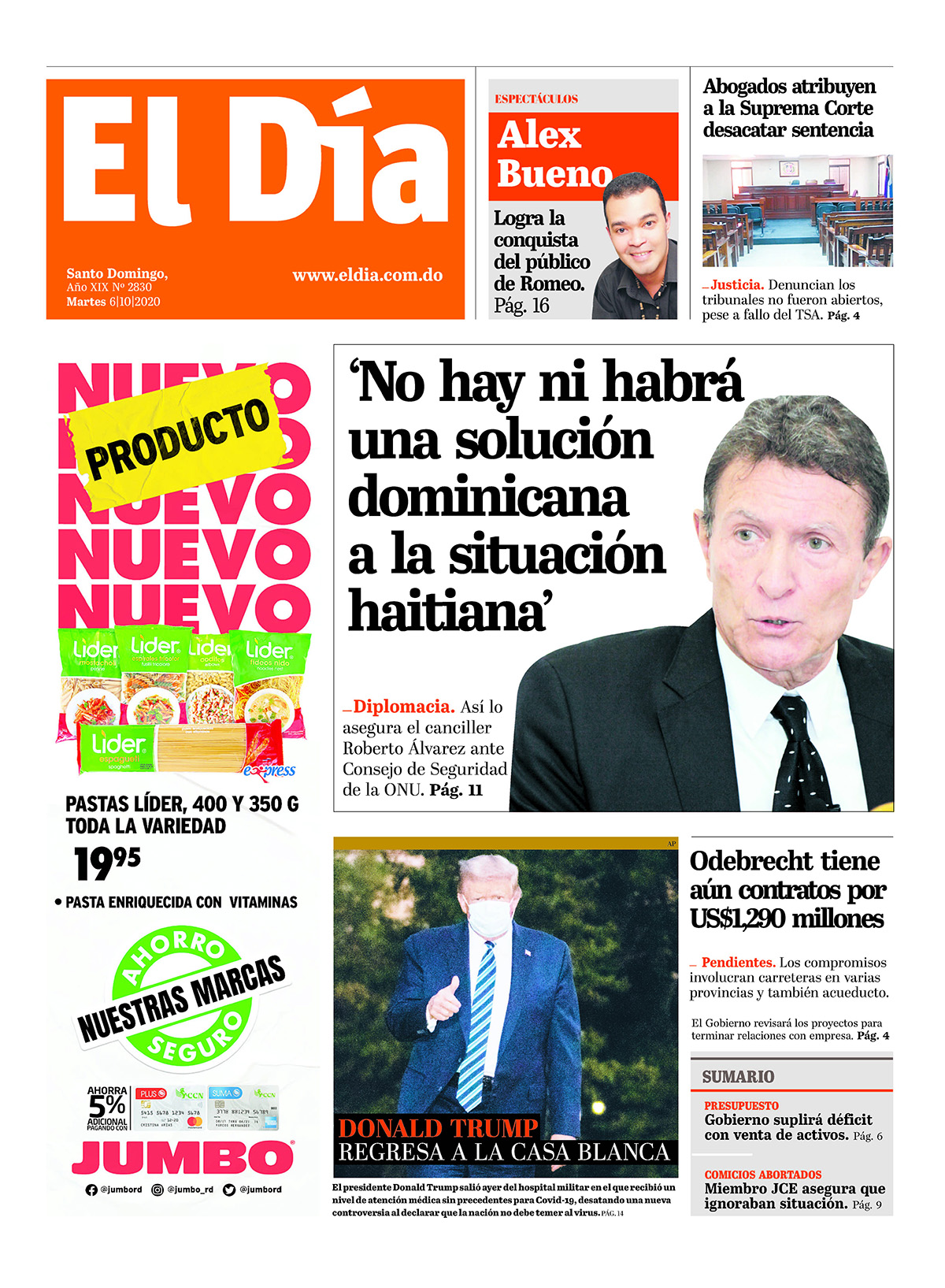 Portada Periódico El Día, Martes 06 de Octubre, 2020