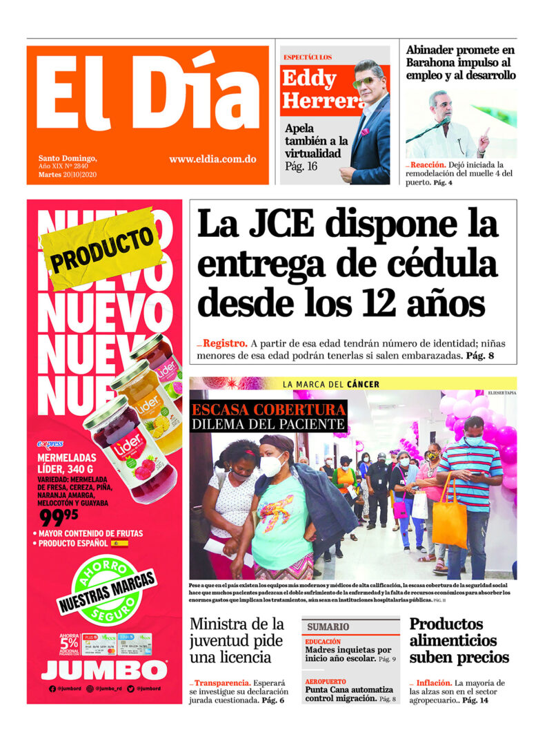 Portada Periódico El Día, Martes 20 de Octubre, 2020