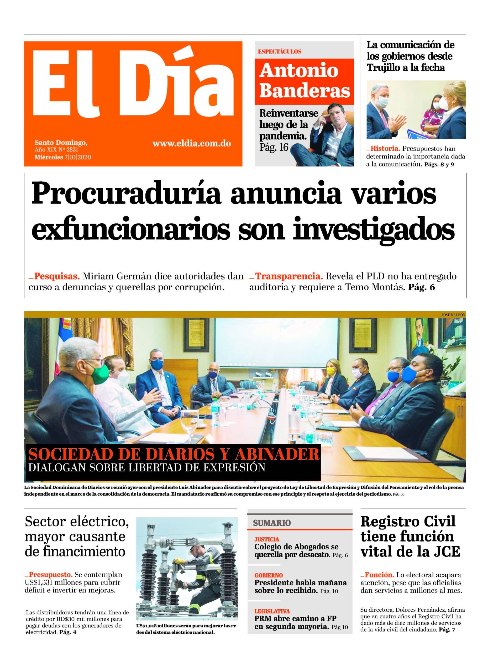 Portada Periódico El Día, Miércoles 07 de Octubre, 2020