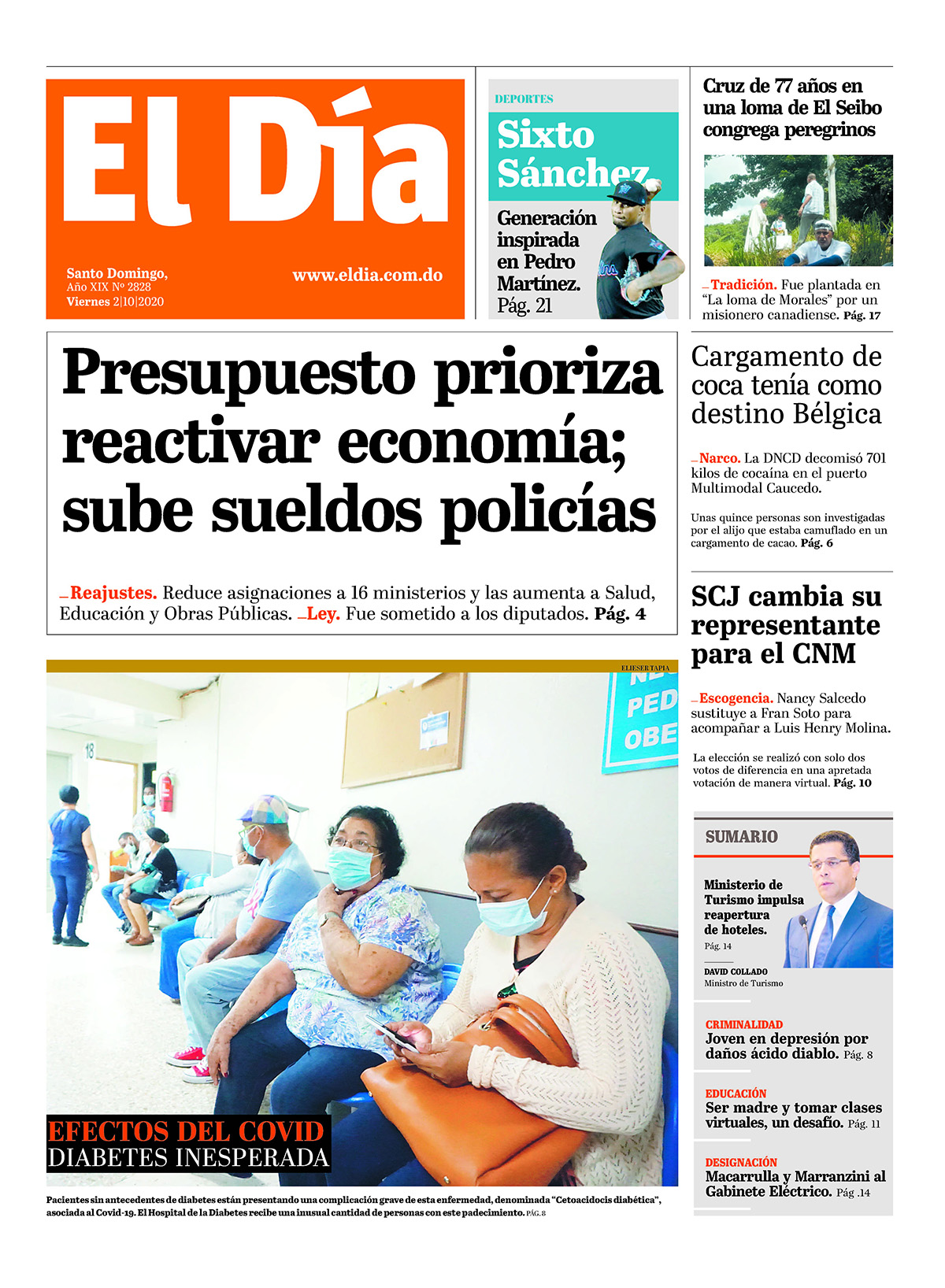 Portada Periódico El Día, Viernes 02 de Octubre, 2020