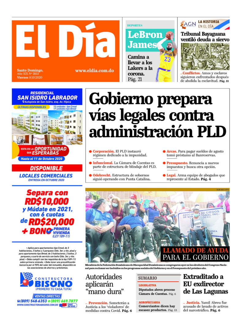 Portada Periódico El Día, Viernes 09 de Octubre, 2020