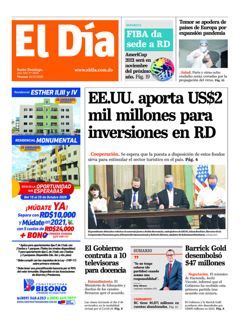 Portada Periódico El Día, Viernes 16 de Octubre, 2020