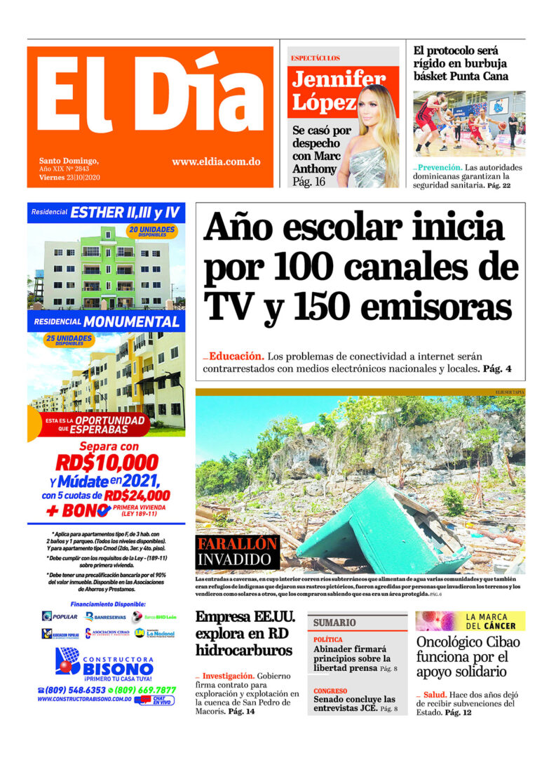 Portada Periódico El Día, Viernes 23 de Octubre, 2020