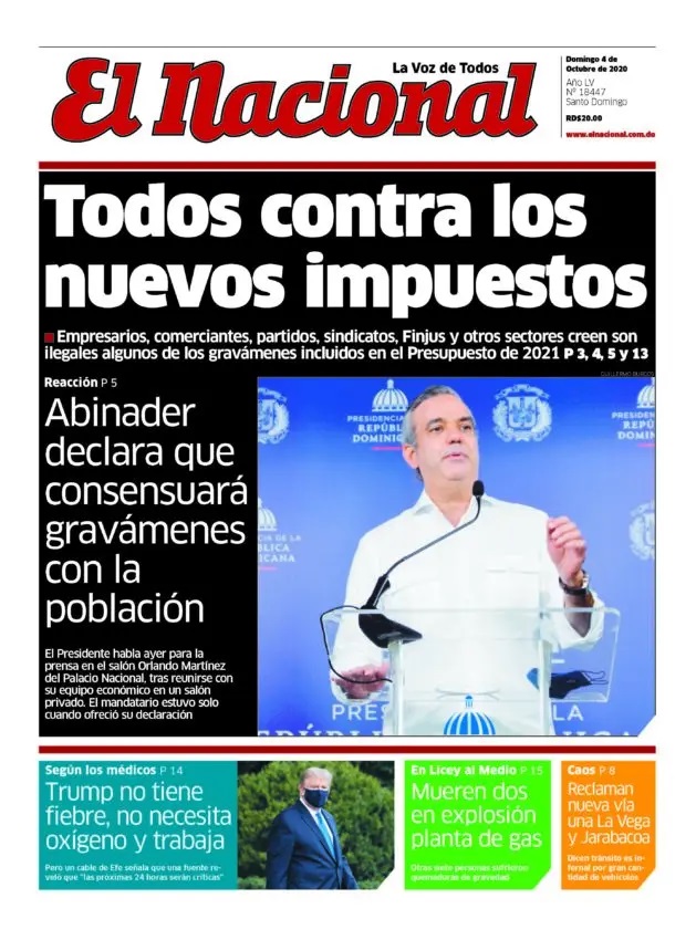 Portada Periódico El Nacional, Domingo 04 de Octubre, 2020