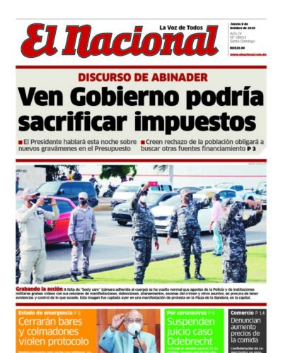 Portada Periódico El Nacional, Jueves 08 de Octubre, 2020