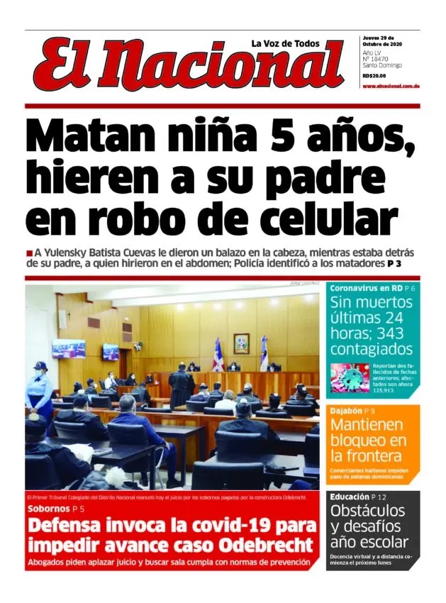 Portada Periódico El Nacional, Jueves 29 de Octubre, 2020