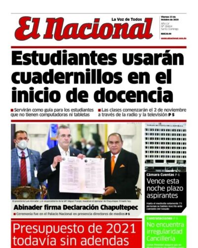 Portada Periódico El Nacional, Viernes 23 de Octubre, 2020